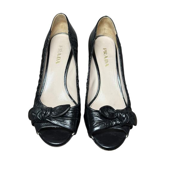 PRADA Peep Toe Heels Women 37.5 Black Leather Classic Luxury Vintage Pinup Logo - Picture 2 of 16